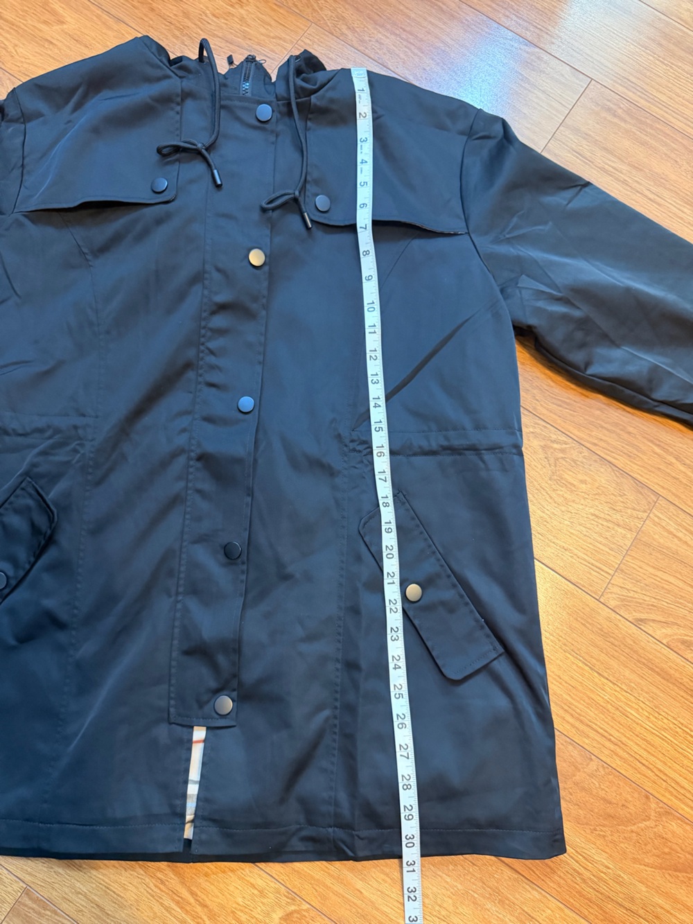 Saphirose Women’s Black Hooded Rain Coat with Plaid Lining Size XL - Picture 8 of 10